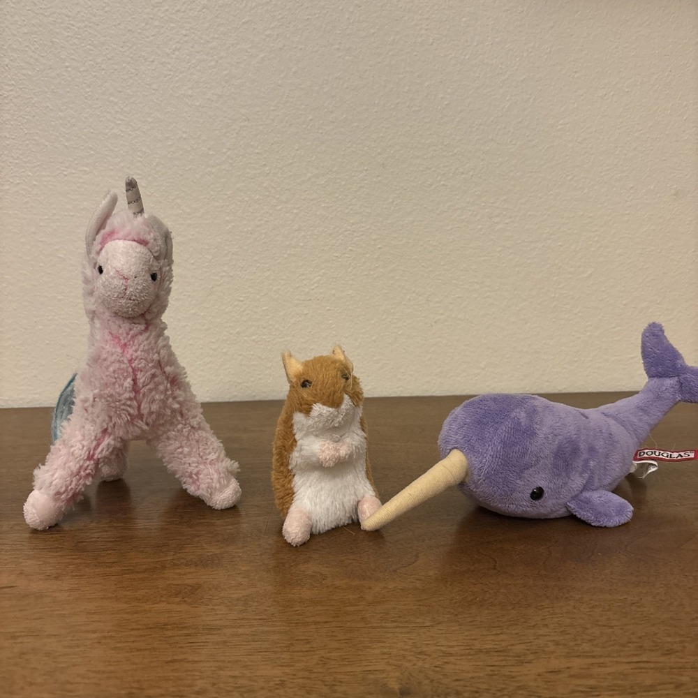Douglas Cuddle Toys Narwhal Pink Llama Hamster Plush Stuffed Animal Lot Of 3‎